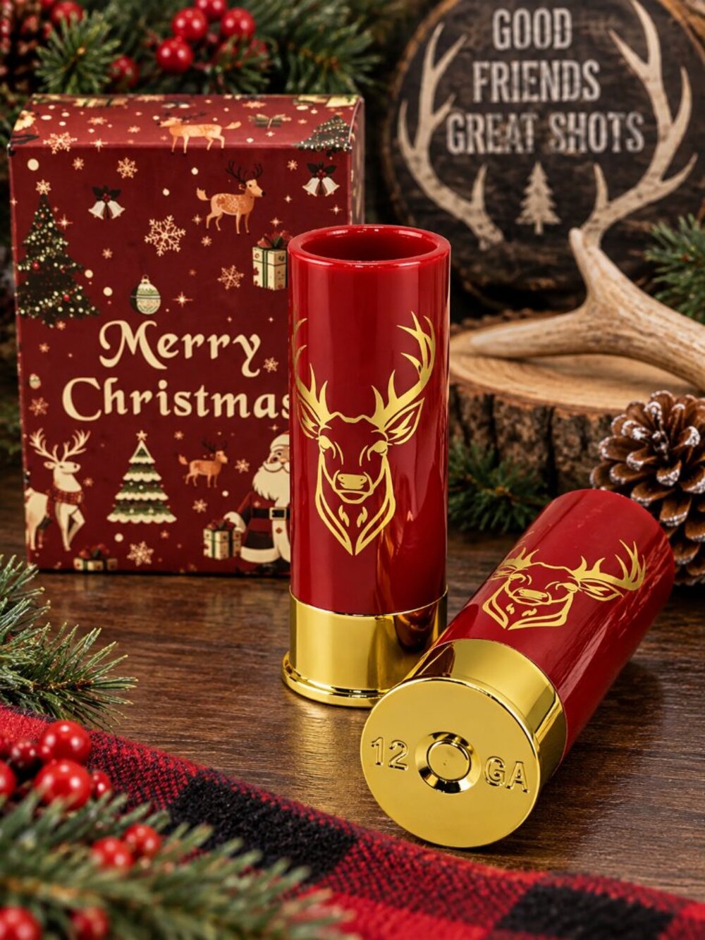 12 Gauge Shotgun Shell Shot Glass Set Red Gold Deer Hunter Christmas Gift Box